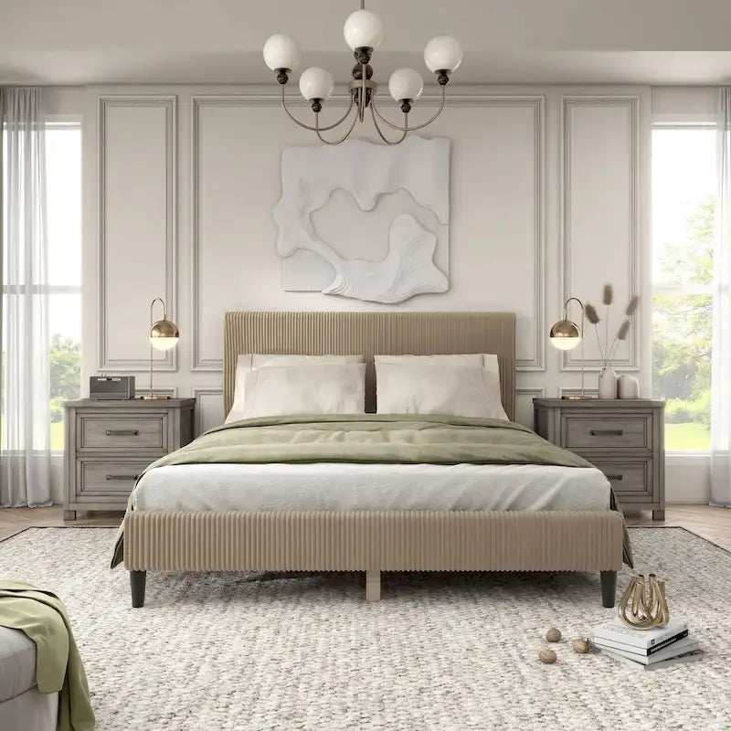 Letto a piattaforma moderno in velluto a coste Queen Size, non è richiesta la rete