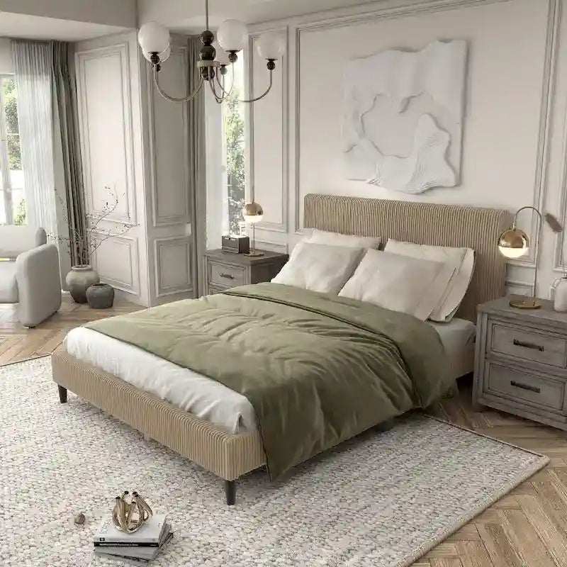Letto a piattaforma moderno in velluto a coste Queen Size, non è richiesta la rete