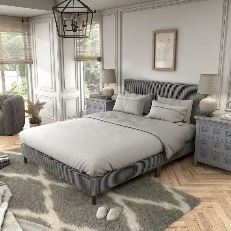Letto a piattaforma moderno in velluto a coste Queen Size, non è richiesta la rete