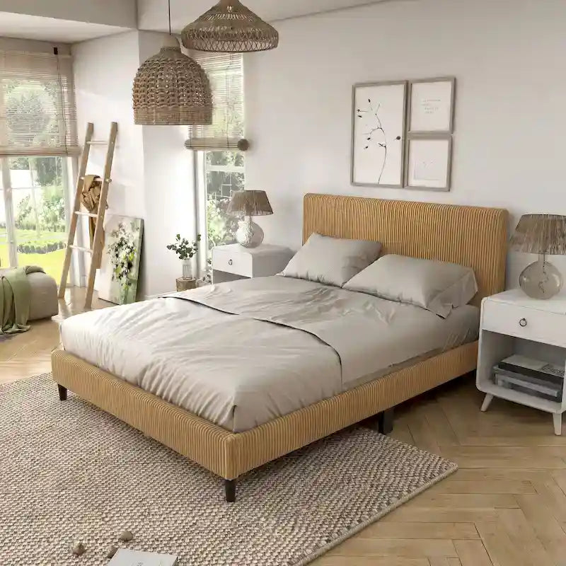 Letto a piattaforma moderno in velluto a coste Queen Size, non è richiesta la rete