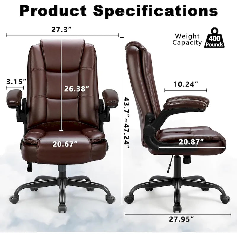 Sedia da ufficio ergonomica "Big & Tall" con schienale alto, altezza regolabile, in pelle, con braccioli imbottiti a scomparsa