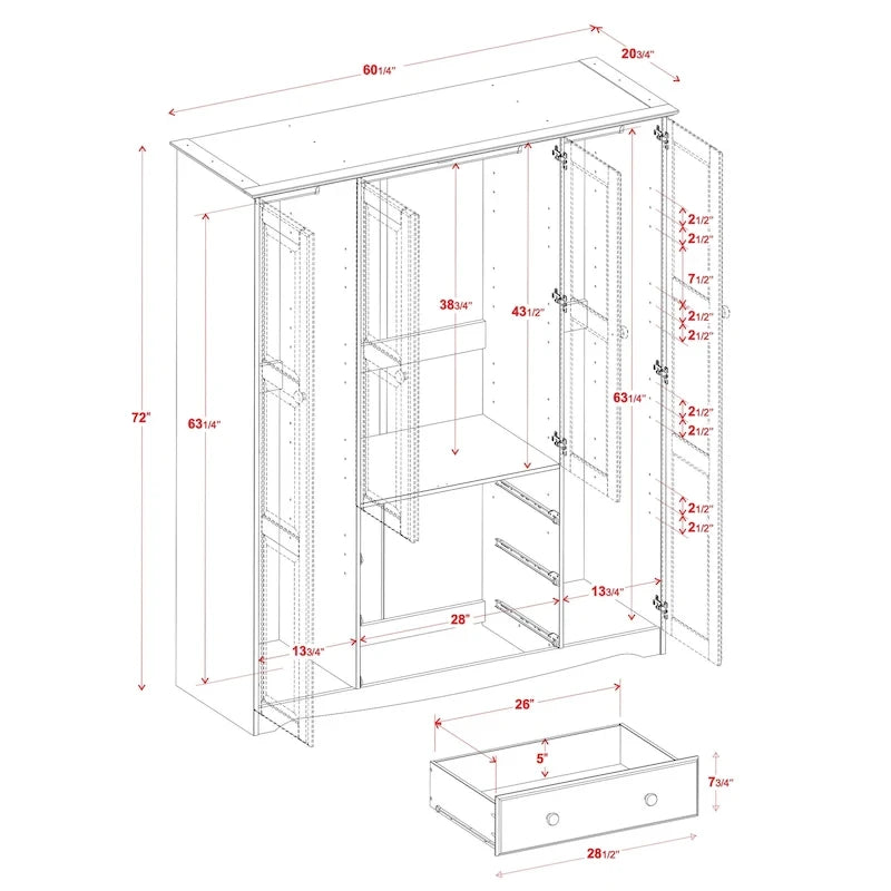 Armadio a 4 ante in 100% legno massello con maniglie in metallo o legno