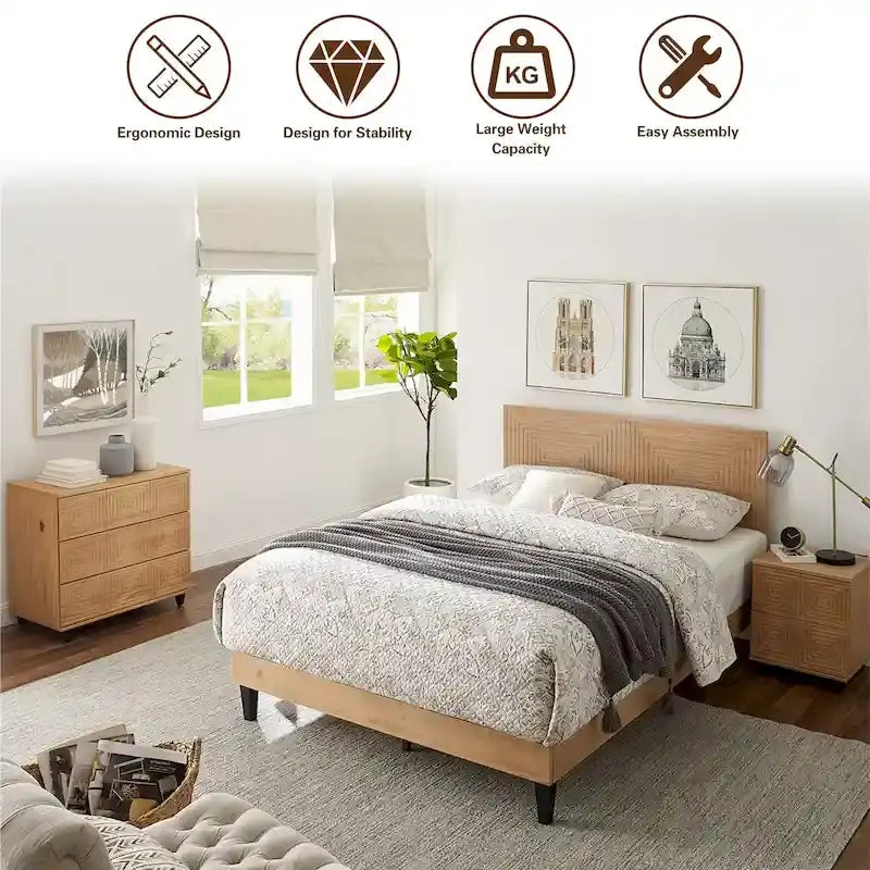 Letto a piattaforma in legno massiccio moderno di metà secolo, struttura letto con testiera regolabile in altezza, non è richiesta la rete a molle