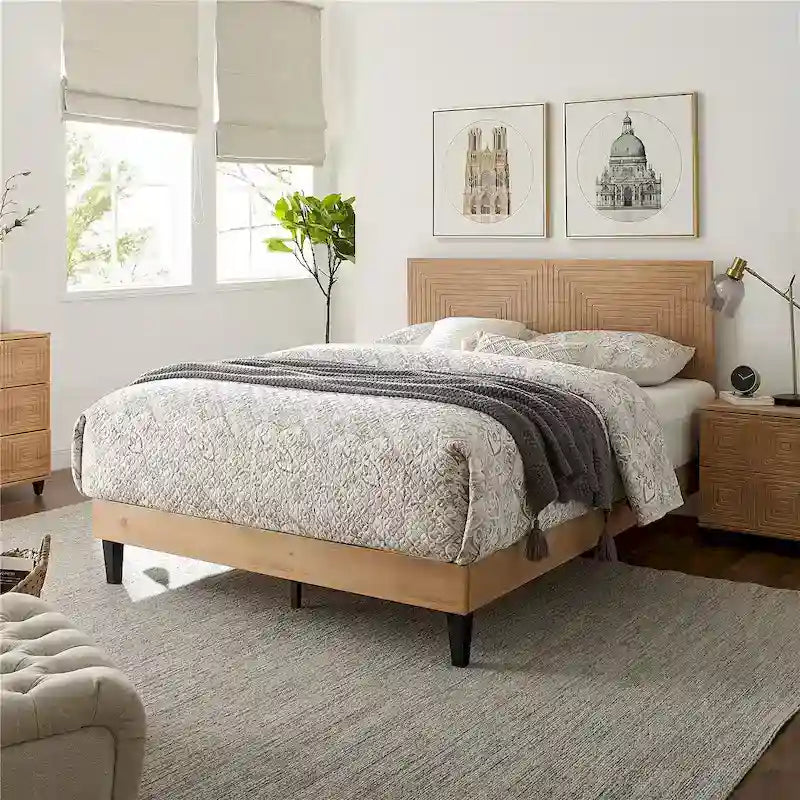 Letto a piattaforma in legno massiccio moderno di metà secolo, struttura letto con testiera regolabile in altezza, non è richiesta la rete a molle