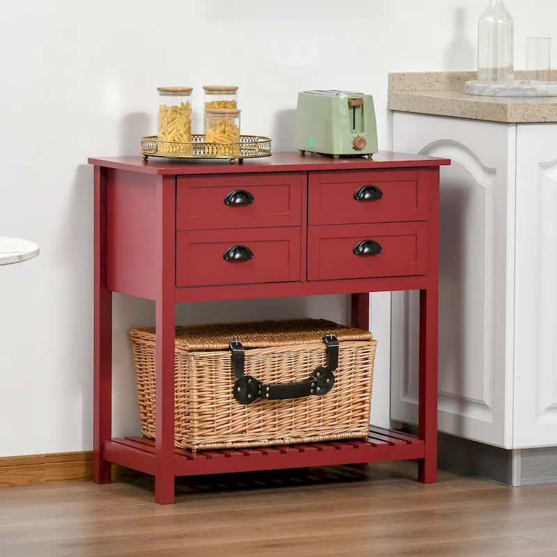 Credenza a buffet, tavolo console con 4 cassetti e ripiano inferiore a doghe