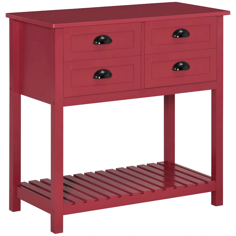 Credenza a buffet, tavolo console con 4 cassetti e ripiano inferiore a doghe