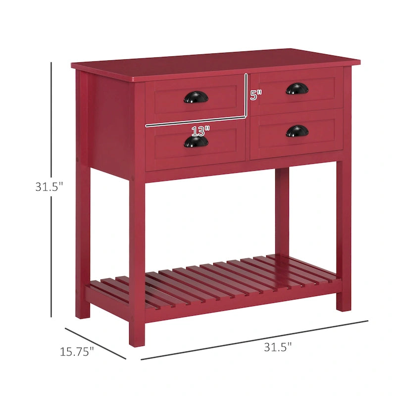 Credenza a buffet, tavolo console con 4 cassetti e ripiano inferiore a doghe