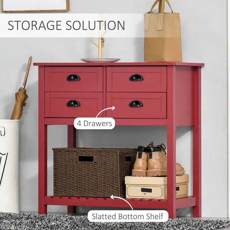 Credenza a buffet, tavolo console con 4 cassetti e ripiano inferiore a doghe