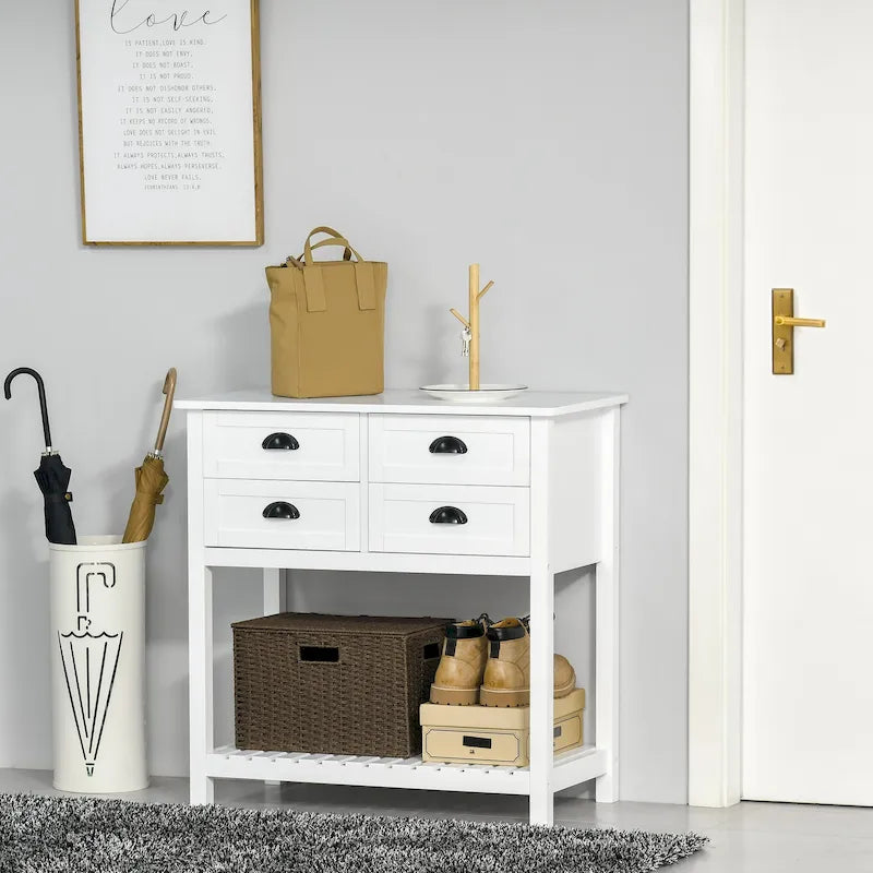 Credenza a buffet, tavolo console con 4 cassetti e ripiano inferiore a doghe