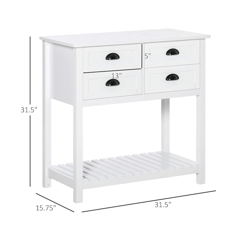Credenza a buffet, tavolo console con 4 cassetti e ripiano inferiore a doghe