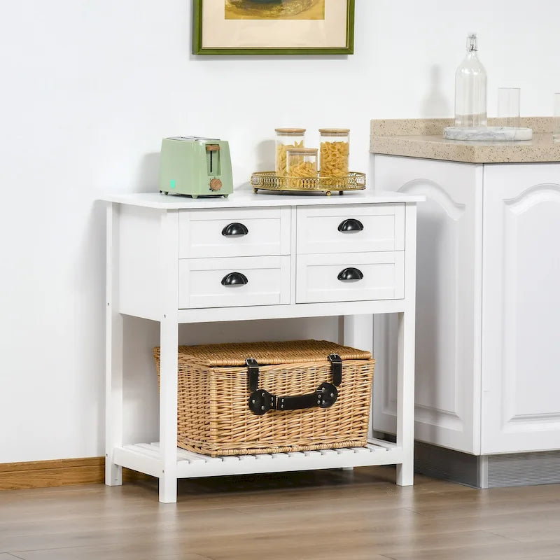 Credenza a buffet, tavolo console con 4 cassetti e ripiano inferiore a doghe