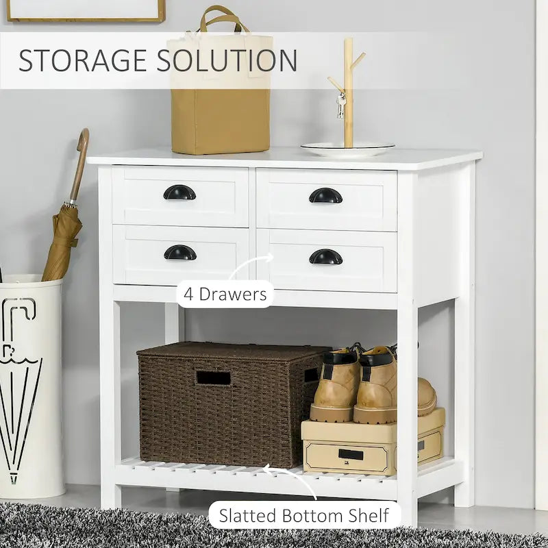 Credenza a buffet, tavolo console con 4 cassetti e ripiano inferiore a doghe