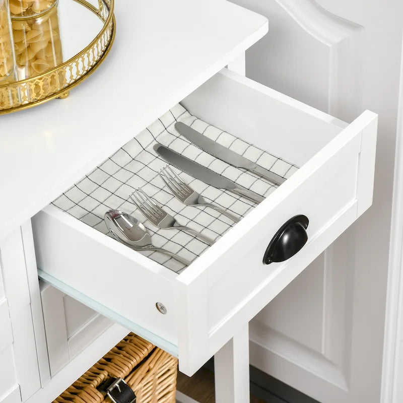 Credenza a buffet, tavolo console con 4 cassetti e ripiano inferiore a doghe