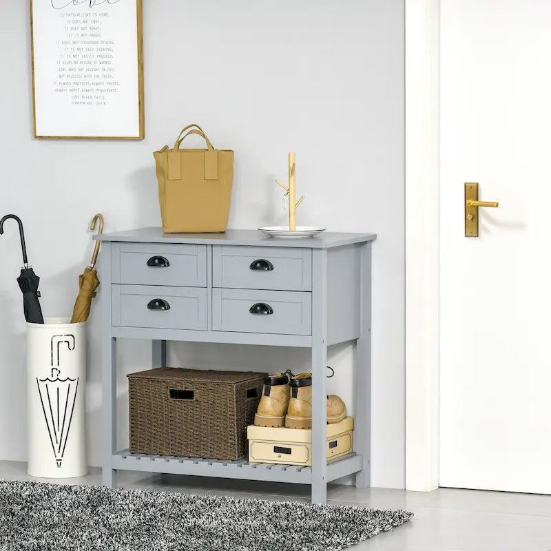 Credenza a buffet, tavolo console con 4 cassetti e ripiano inferiore a doghe
