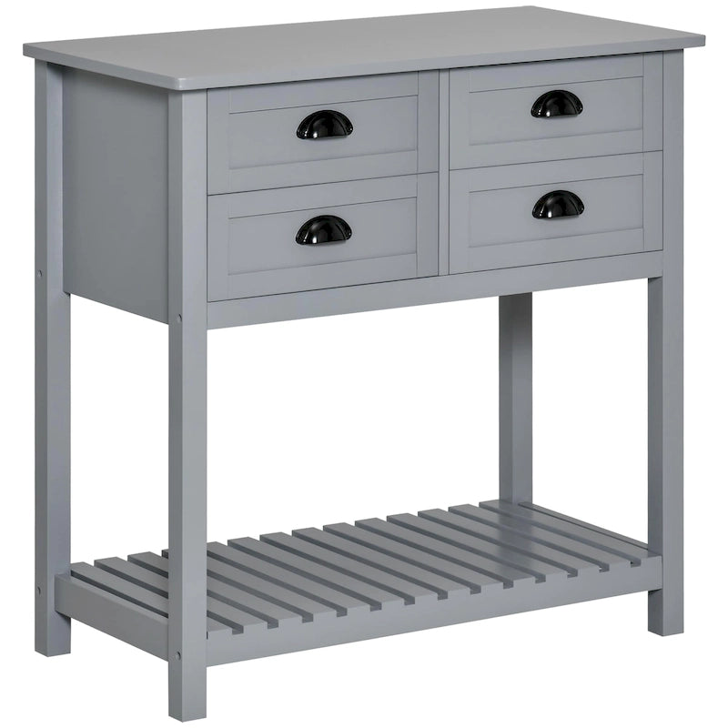 Credenza a buffet, tavolo console con 4 cassetti e ripiano inferiore a doghe