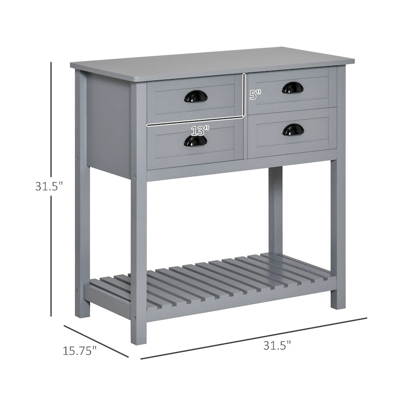 Credenza a buffet, tavolo console con 4 cassetti e ripiano inferiore a doghe