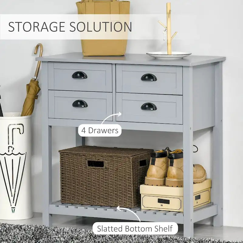 Credenza a buffet, tavolo console con 4 cassetti e ripiano inferiore a doghe