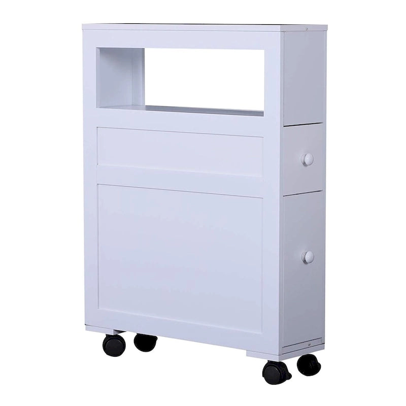 Mobiletto stretto da bagno in legno con rotelle