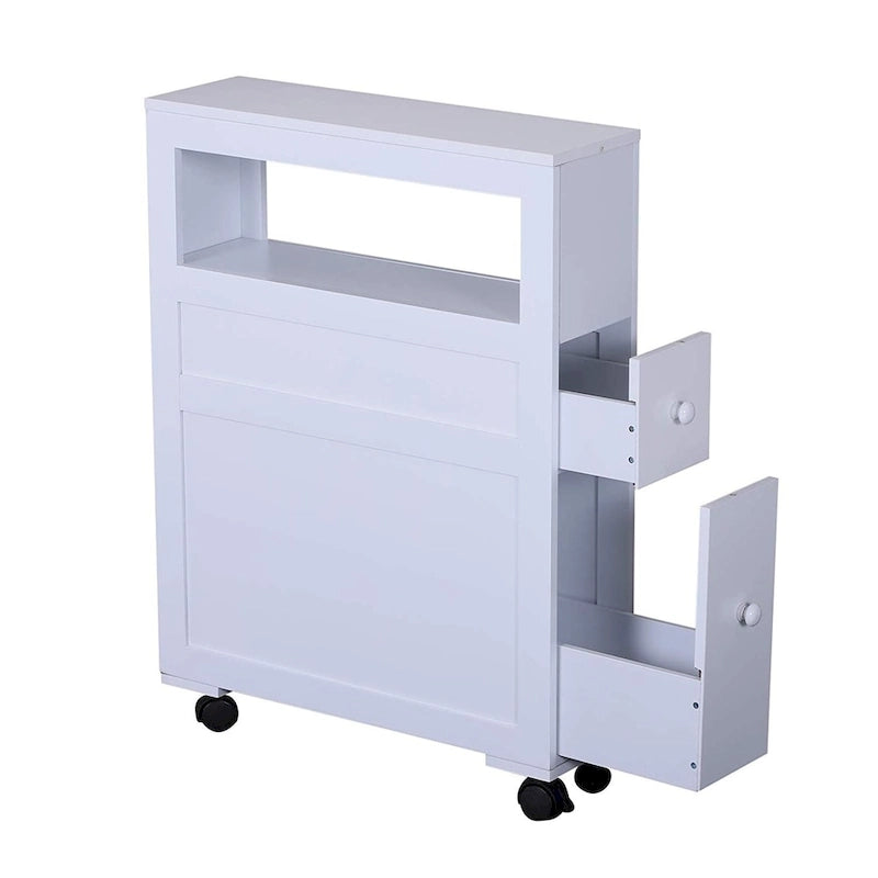 Mobiletto stretto da bagno in legno con rotelle