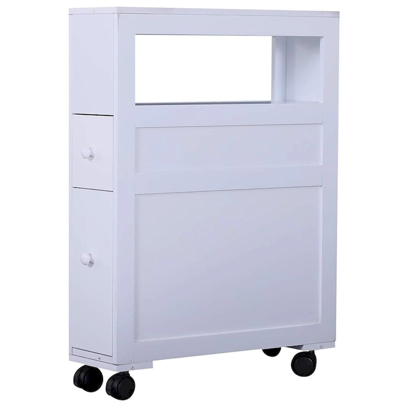 Mobiletto stretto da bagno in legno con rotelle