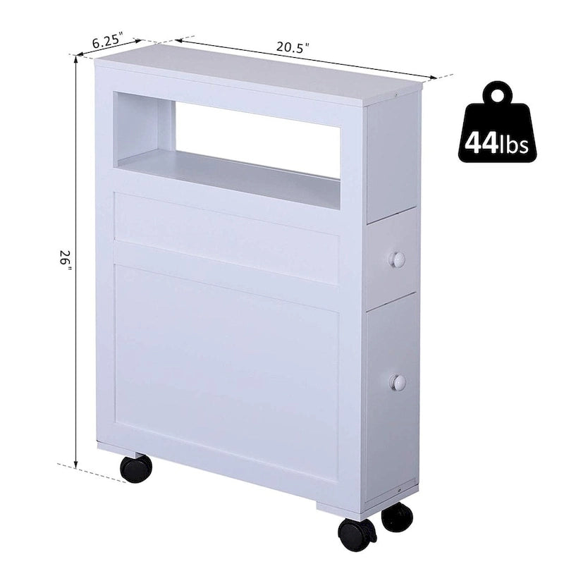 Mobiletto stretto da bagno in legno con rotelle