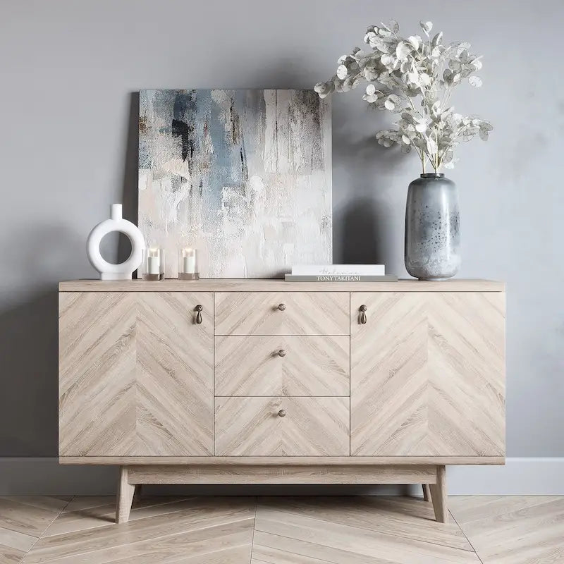 Madia credenza TV in stile scandinavo con cassetti e gambe in legno per TV fino a 65"