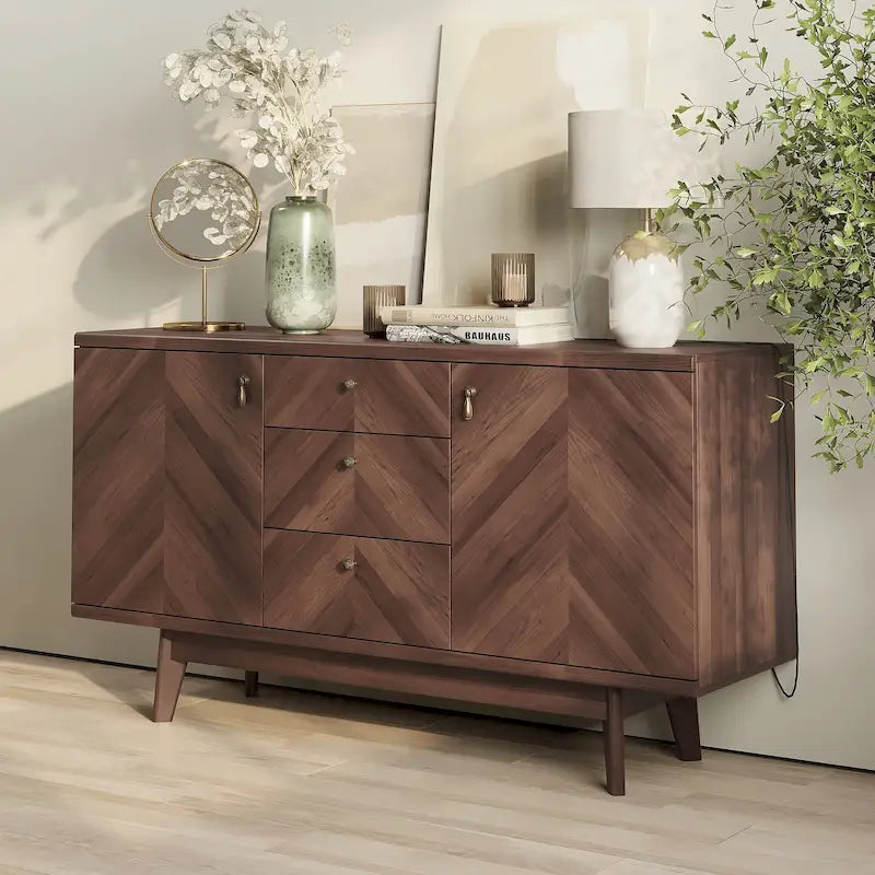 Madia credenza TV in stile scandinavo con cassetti e gambe in legno per TV fino a 65"