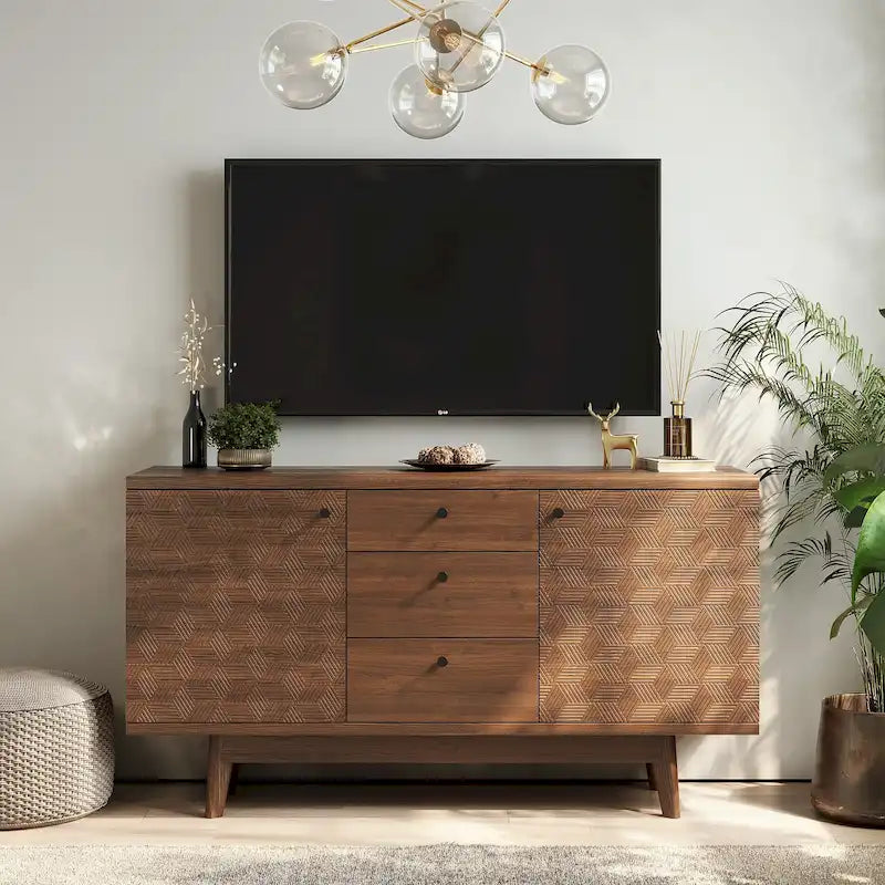 Madia credenza TV in stile scandinavo con cassetti e gambe in legno per TV fino a 65"