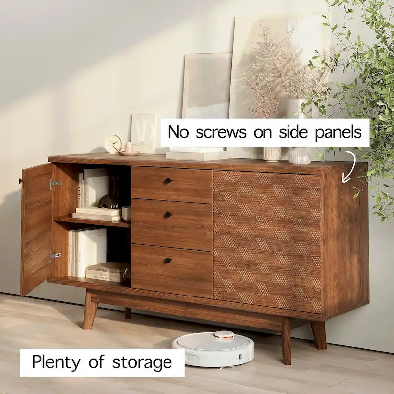 Madia credenza TV in stile scandinavo con cassetti e gambe in legno per TV fino a 65"