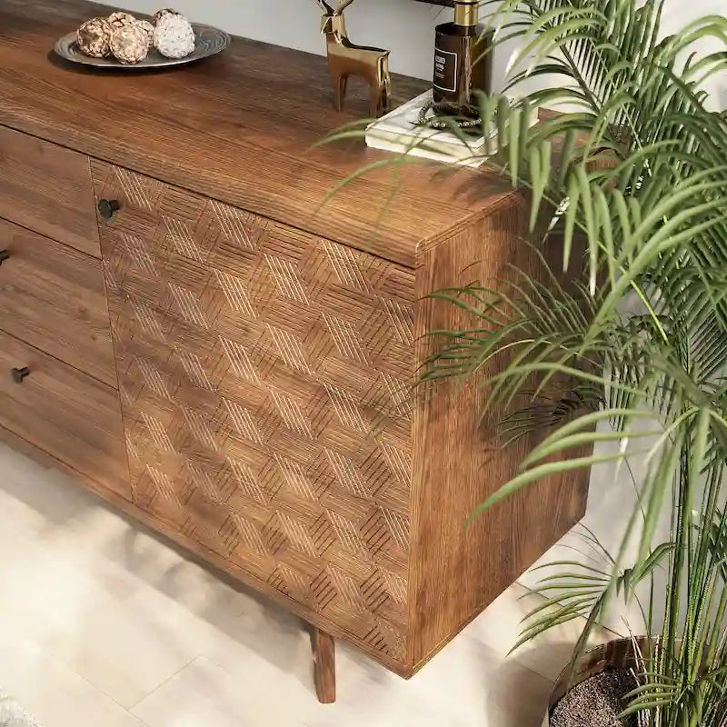 Madia credenza TV in stile scandinavo con cassetti e gambe in legno per TV fino a 65"