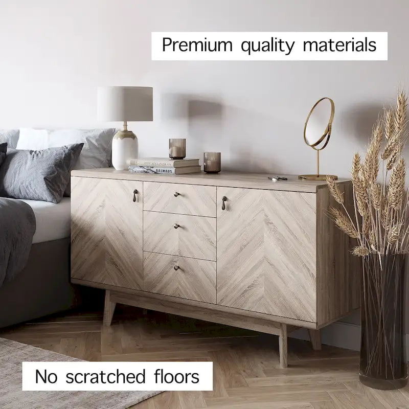 Madia credenza TV in stile scandinavo con cassetti e gambe in legno per TV fino a 65"