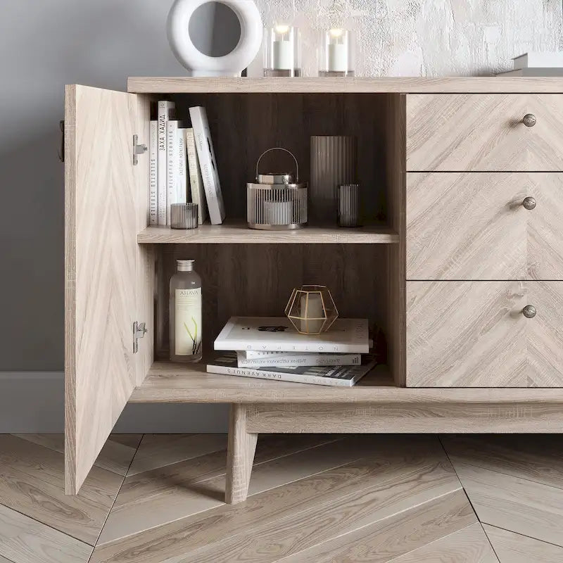 Madia credenza TV in stile scandinavo con cassetti e gambe in legno per TV fino a 65"