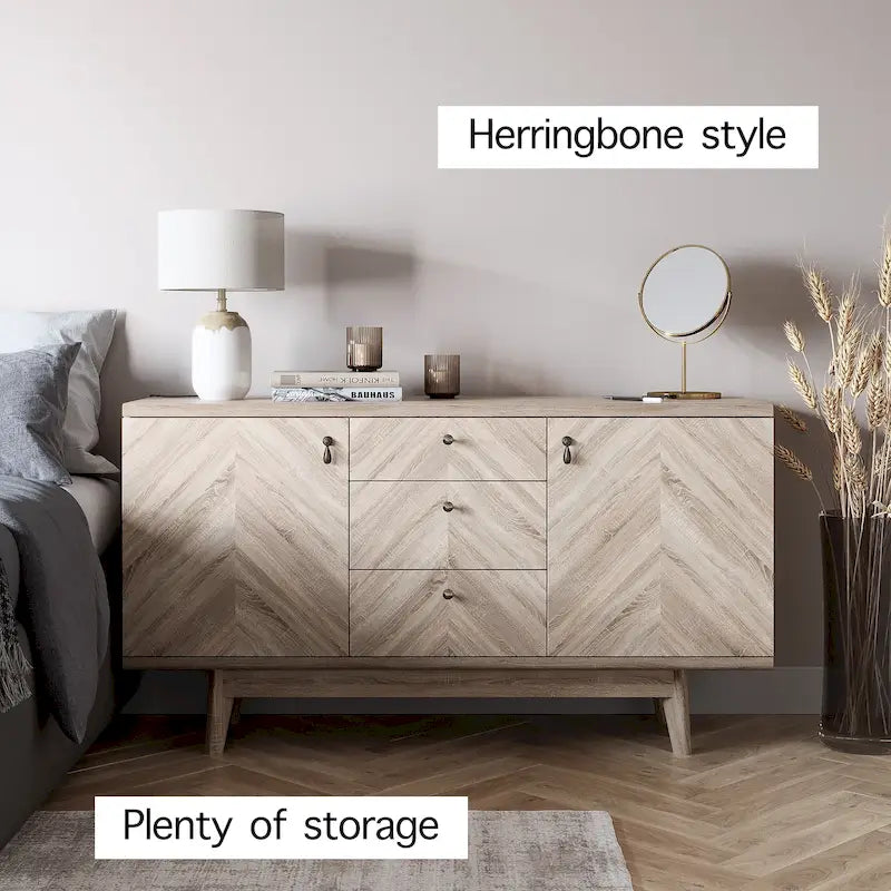 Madia credenza TV in stile scandinavo con cassetti e gambe in legno per TV fino a 65"
