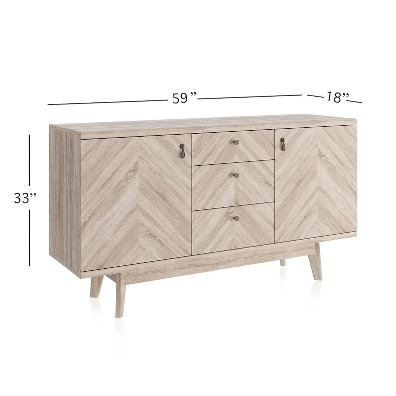 Madia credenza TV in stile scandinavo con cassetti e gambe in legno per TV fino a 65"