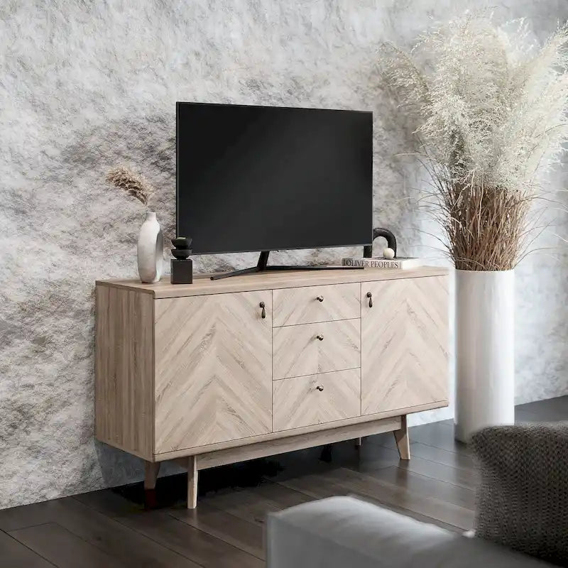Madia credenza TV in stile scandinavo con cassetti e gambe in legno per TV fino a 65"
