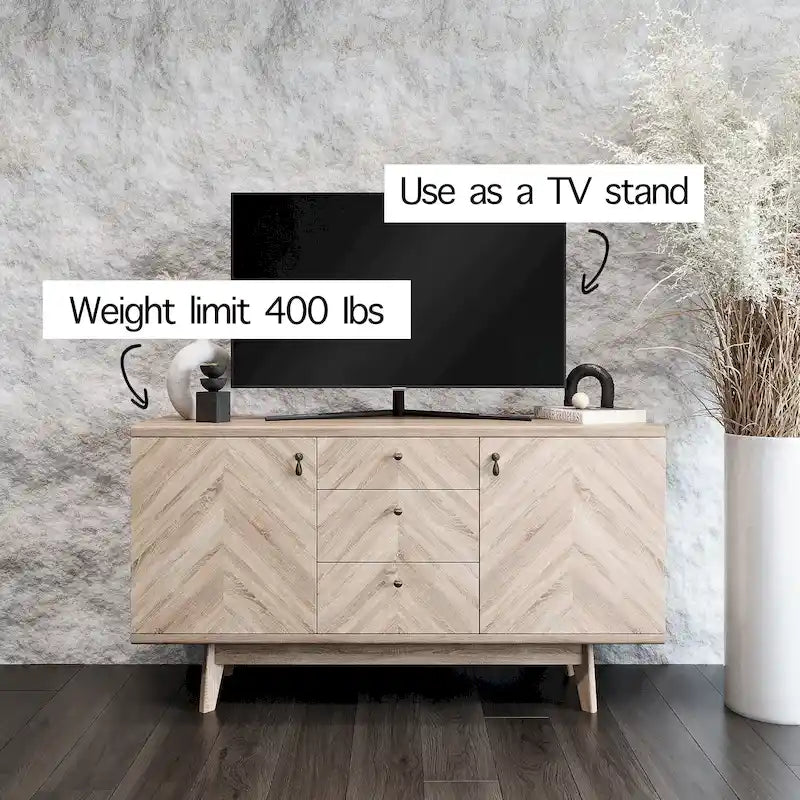 Madia credenza TV in stile scandinavo con cassetti e gambe in legno per TV fino a 65"