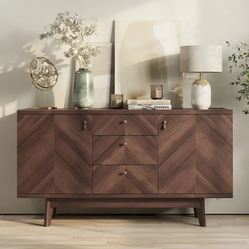 Madia credenza TV in stile scandinavo con cassetti e gambe in legno per TV fino a 65"
