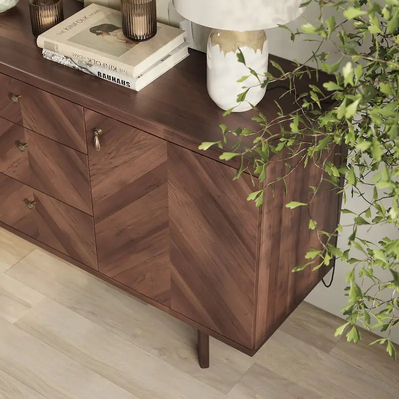 Madia credenza TV in stile scandinavo con cassetti e gambe in legno per TV fino a 65"