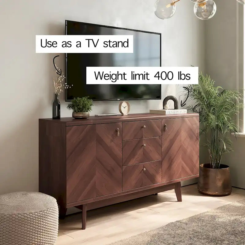 Madia credenza TV in stile scandinavo con cassetti e gambe in legno per TV fino a 65"