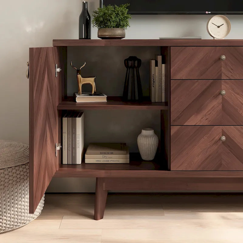 Madia credenza TV in stile scandinavo con cassetti e gambe in legno per TV fino a 65"