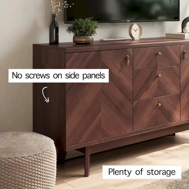 Madia credenza TV in stile scandinavo con cassetti e gambe in legno per TV fino a 65"