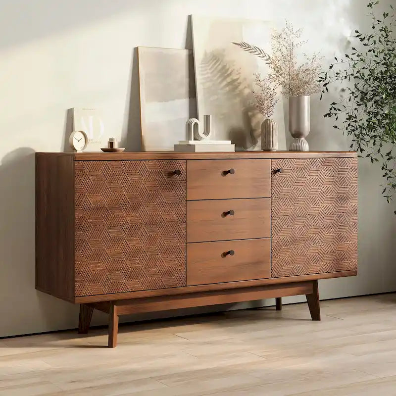Madia credenza TV in stile scandinavo con cassetti e gambe in legno per TV fino a 65"