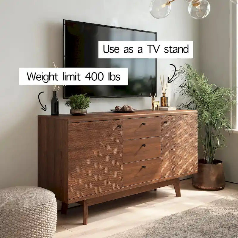 Madia credenza TV in stile scandinavo con cassetti e gambe in legno per TV fino a 65"