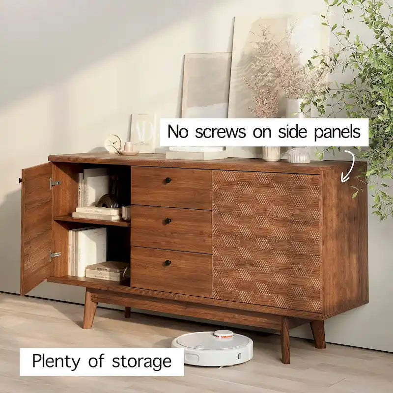 Madia credenza TV in stile scandinavo con cassetti e gambe in legno per TV fino a 65"