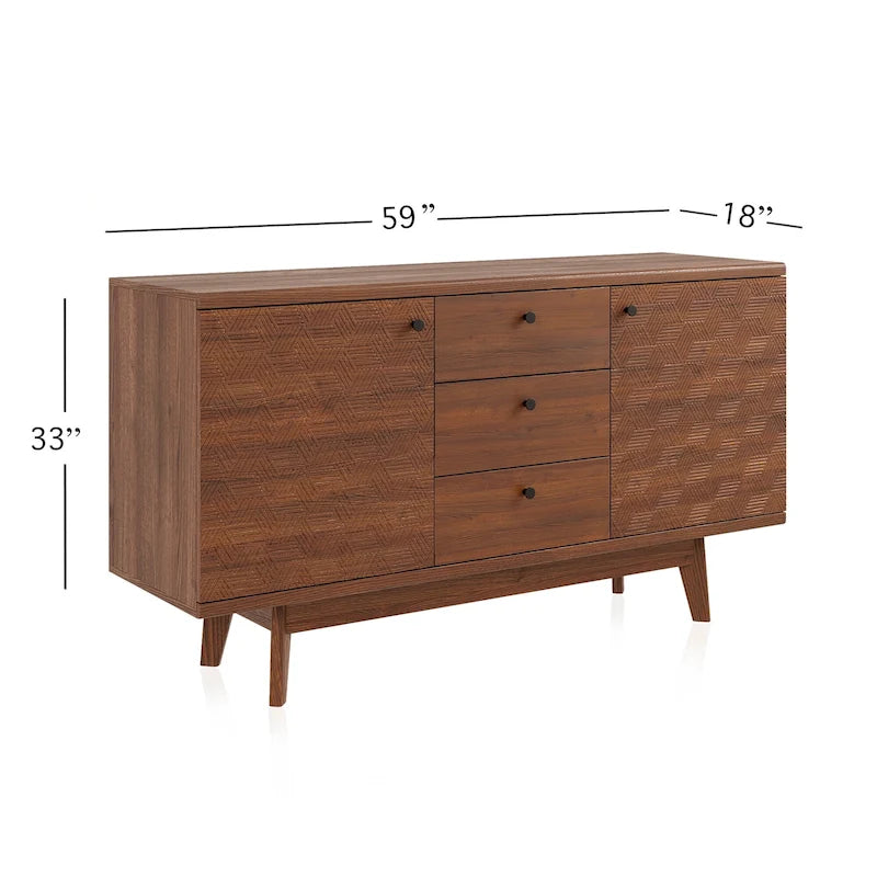 Madia credenza TV in stile scandinavo con cassetti e gambe in legno per TV fino a 65"