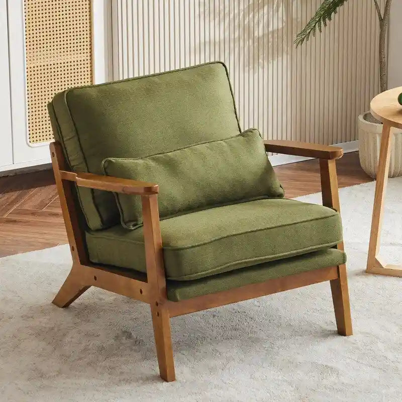Poltrona d'accento rivestita in misto lino con gambe in legno e cuscino, beige