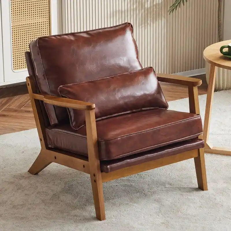 Poltrona d'accento rivestita in misto lino con gambe in legno e cuscino, beige