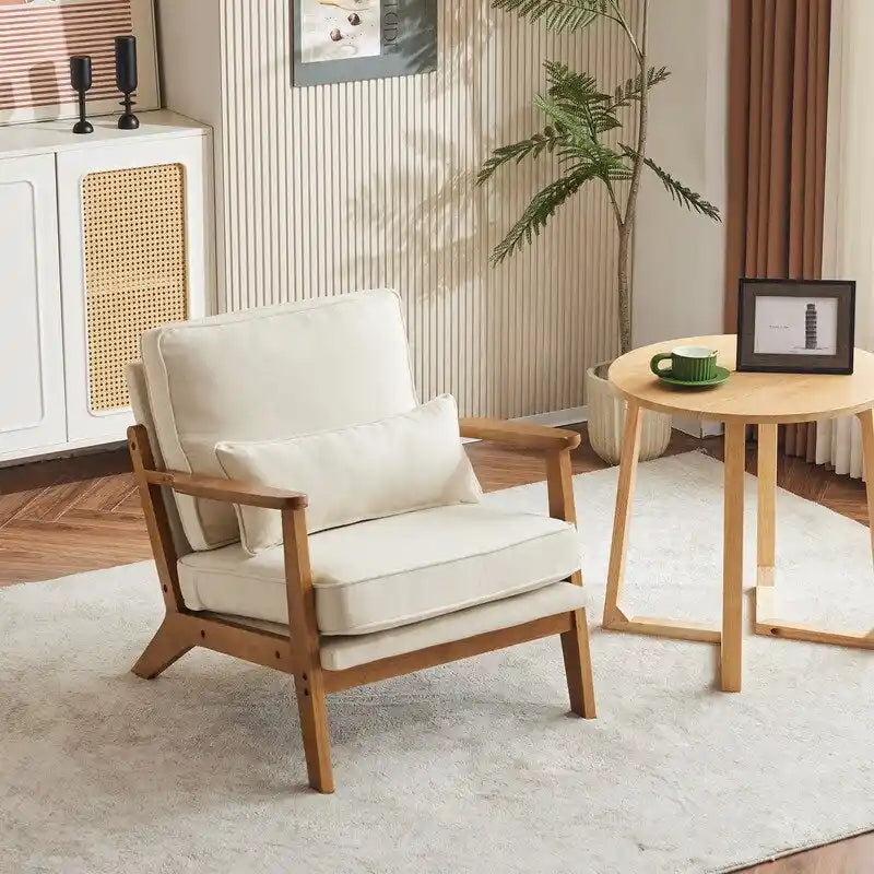 Poltrona d'accento rivestita in misto lino con gambe in legno e cuscino, beige