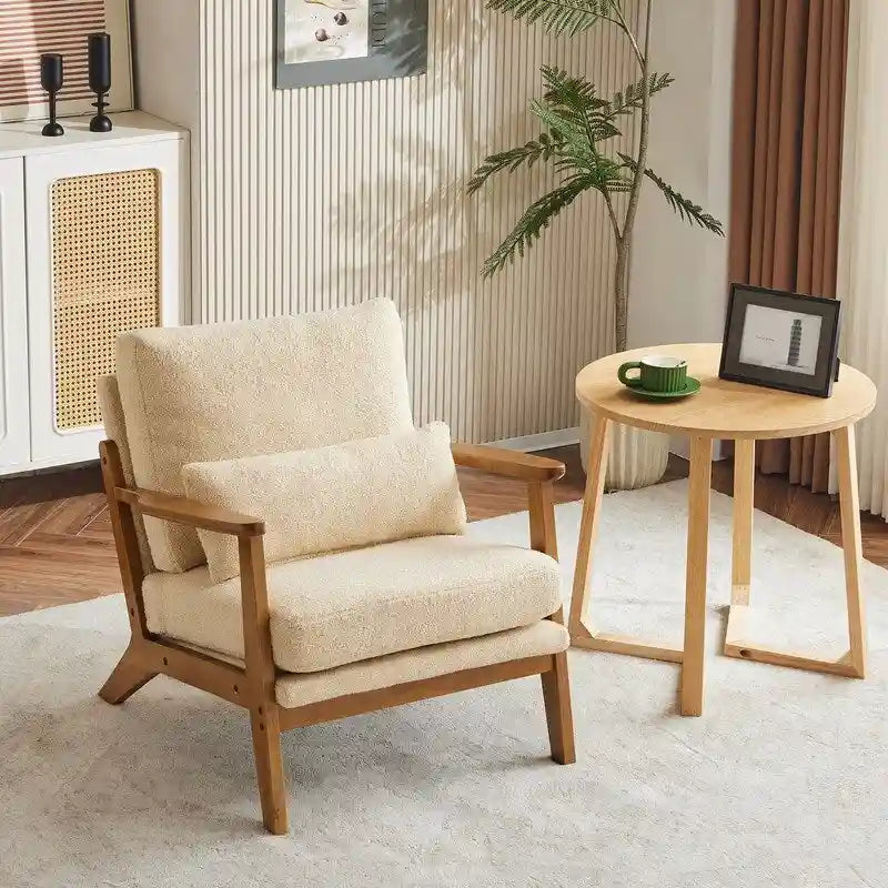 Poltrona d'accento rivestita in misto lino con gambe in legno e cuscino, beige