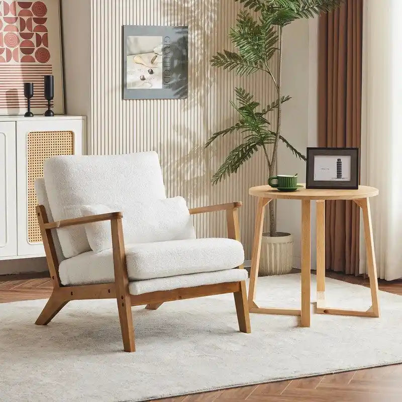 Poltrona d'accento rivestita in misto lino con gambe in legno e cuscino, beige